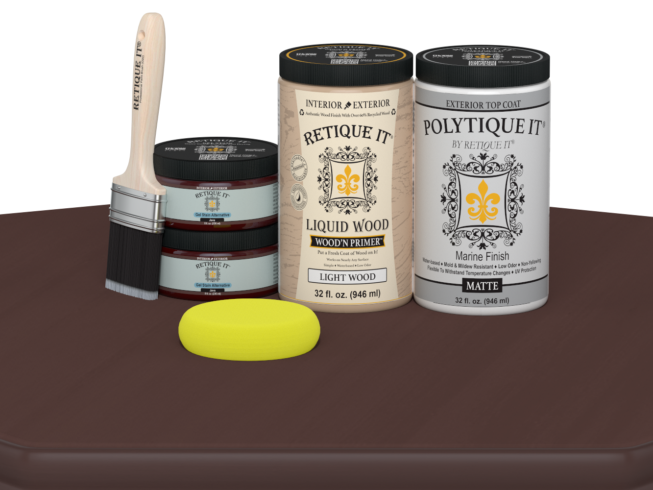 Large Java Multi-purpose Smooth Finish Kit for exterior wood surfaces, includes top coat and applicator tools from Retique It®.