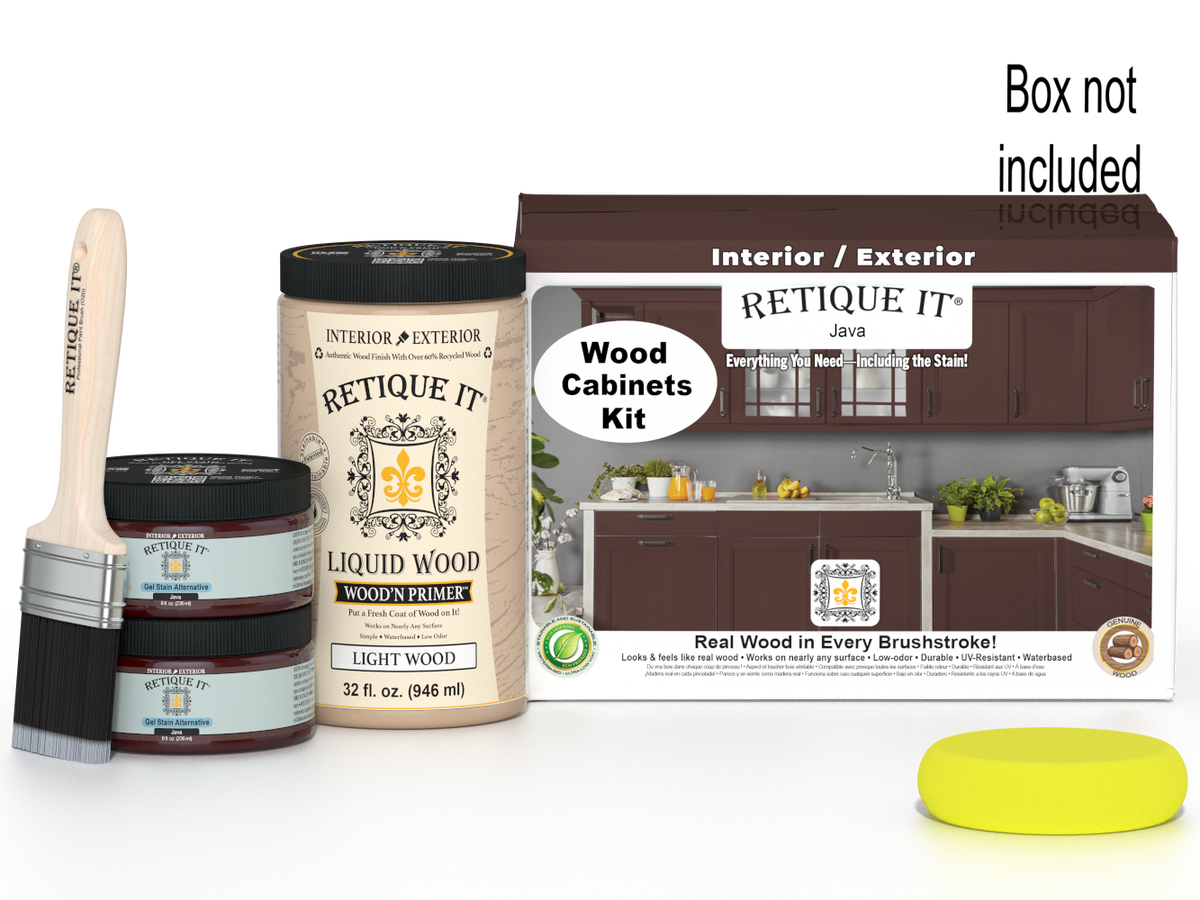 Retique It® Wood'n Cabinet Kit with 12 smooth Java-stained cabinet doors, showcasing natural wood finish and modern design.