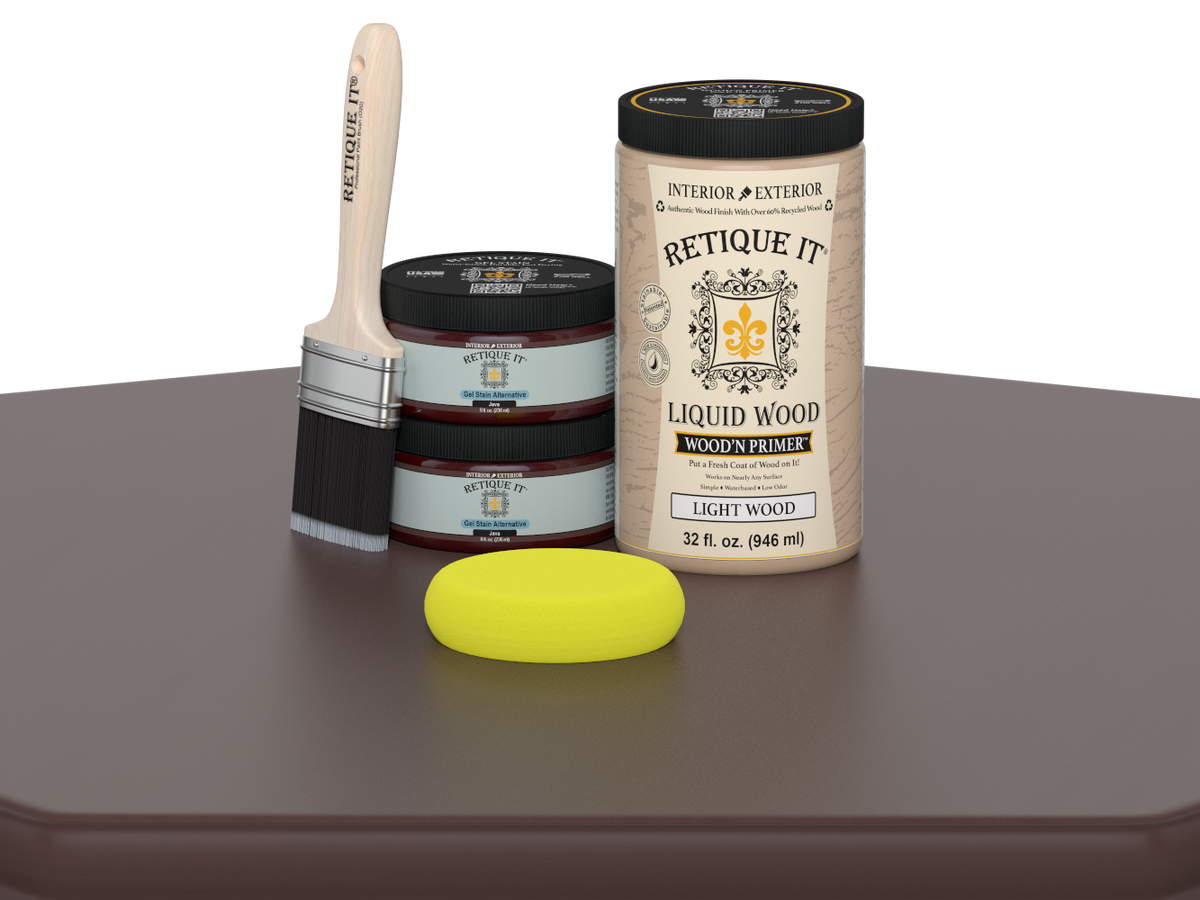 Large Java wood finish kit from Retique It® with smooth finish, includes tools and materials for multi-purpose wood projects.