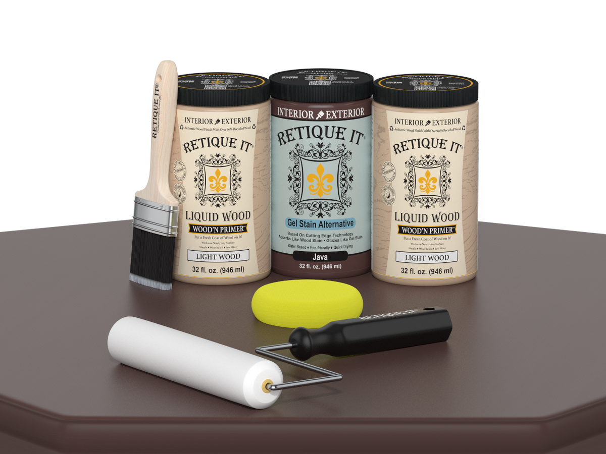 Retique It® Wood'n Cabinet Kit in Java stain with 24 smooth cabinet doors, showing a polished wooden surface for kitchen or furniture.