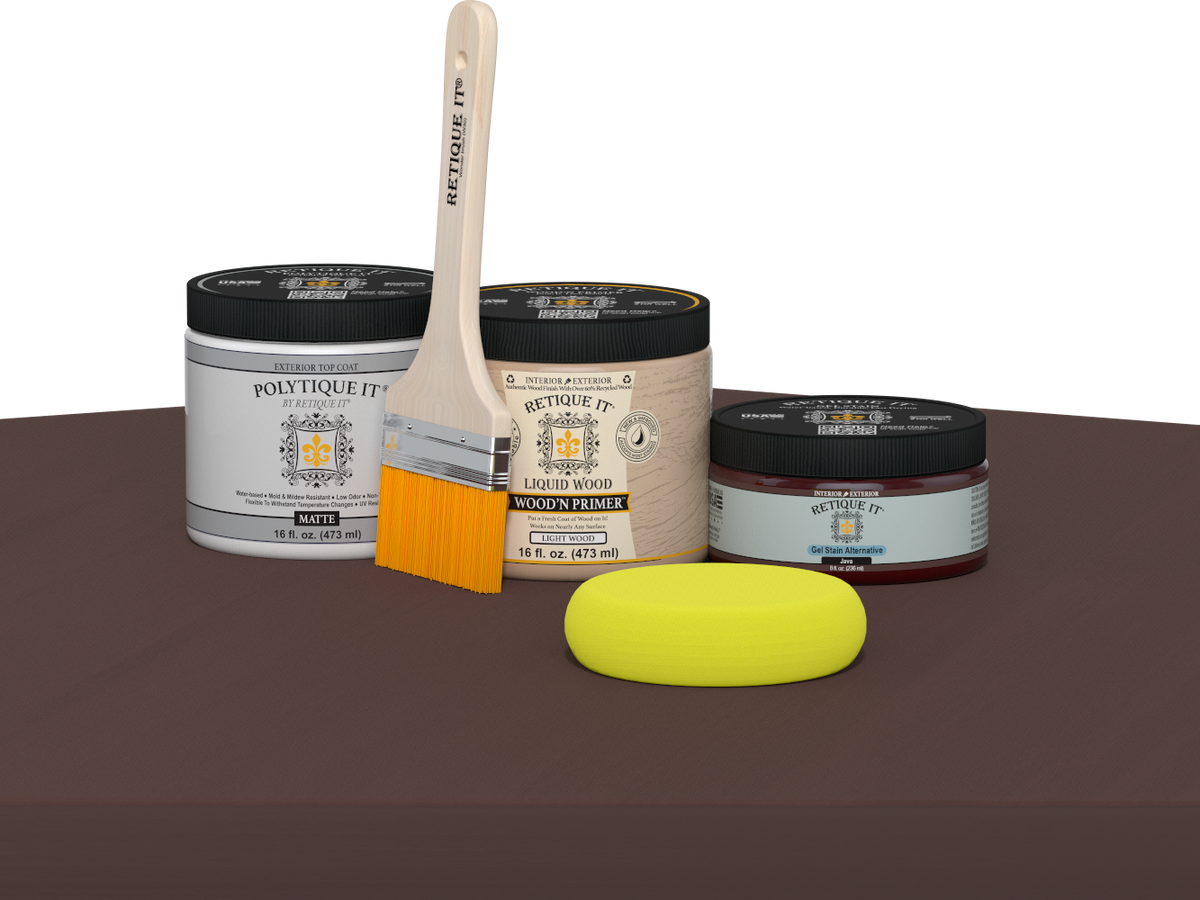 Retique It® Java Multi-purpose Smooth Finish Kit for wood, exterior top coat, with matte finish on a tabletop surface.