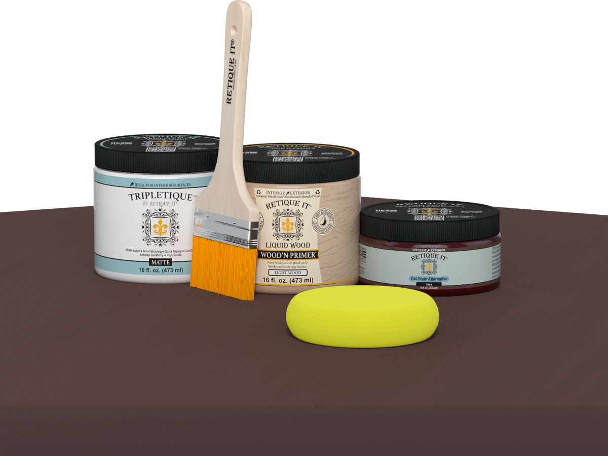 Retique It® Java Multi-purpose Smooth Finish Kit for interior wood furniture with a matte top coat, ideal for wood finishing projects.