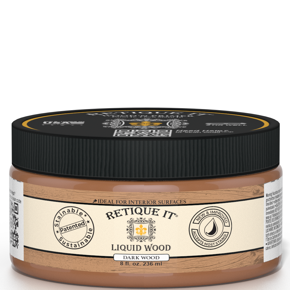 Dark Liquid Wood paint by Retique It® in a jar, showing a close-up of the 8oz container with dark wood finish for interior use.