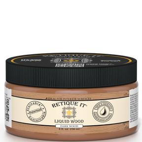 Dark Liquid Wood paint by Retique It® in a jar, showing a close-up of the 8oz container with dark wood finish for interior use.