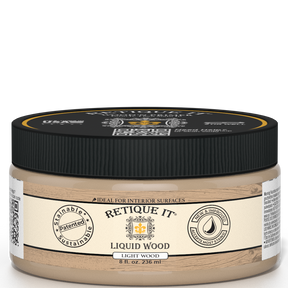 Retique It® Liquid Wood 8oz Light interior paint jar with wooden texture label and transparent lid.