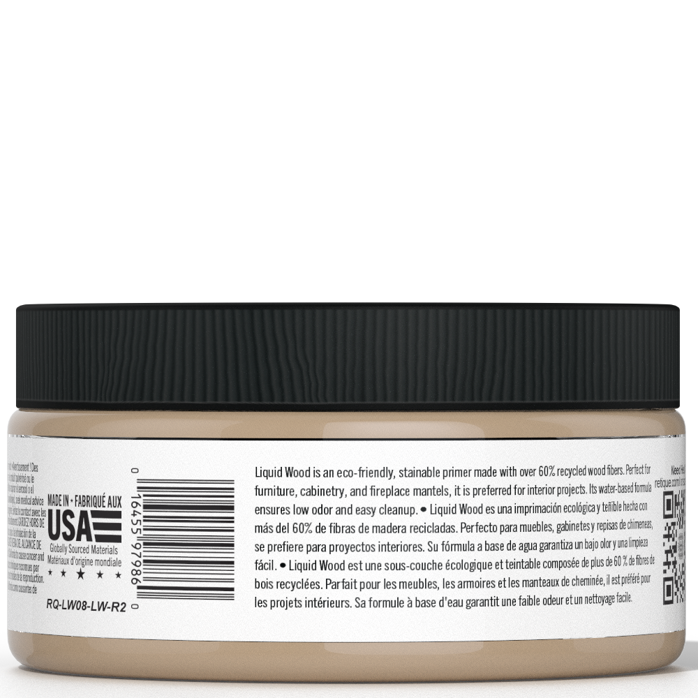 Retique It® Liquid Wood interior paint in 8oz Light shade, shown in a jar with wood grain finish on the back.
