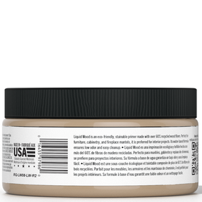 Retique It® Liquid Wood interior paint in 8oz Light shade, shown in a jar with wood grain finish on the back.