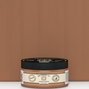 Retique It® Liquid Wood 8oz Dark interior paint jar next to color swatch, showcasing wood finish and dark stain option.