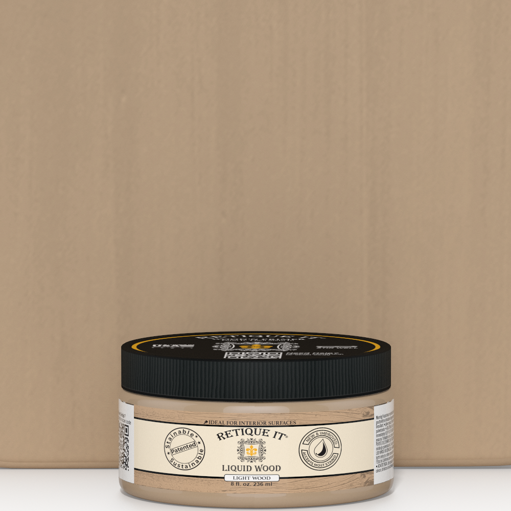 Retique It® Liquid Wood paint in 8oz light interior shade, shown in jar with sample swatch for wood finish application.