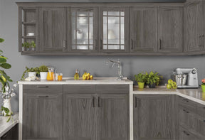 Retique It Wood'n Cabinet Kit with 24 grained Harbor Gray stain, showcasing kitchen cabinets with textured wood grain finish.