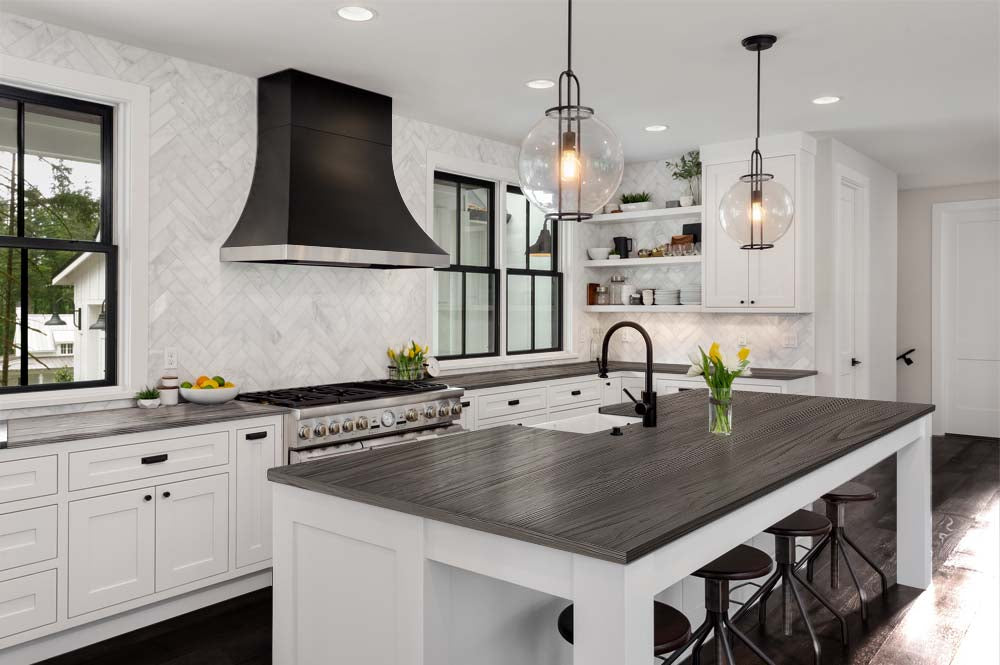Retique It® Harbor Gray countertop kit for kitchen island with a grained stain finish, ideal for kitchen remodels and enhancements.