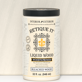 Retique It® Liquid Wood Wood'n Primer in Bleached Wood color, 32 fl oz, showing the primer bottle with label and product details.