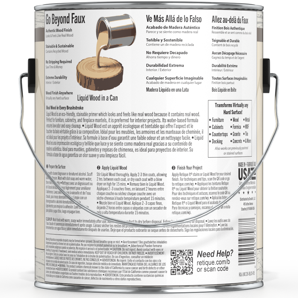 Liquid Wood bleached interior paint by Retique It® in a 128oz container, showing a close-up of the product label and paint finish.