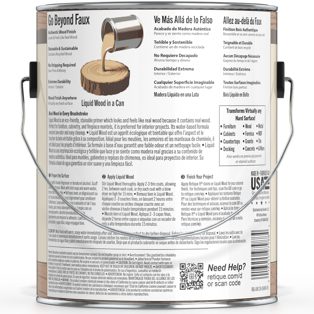 Dark liquid wood paint by Retique It® in a 128oz container, shown in a natural indoor setting.