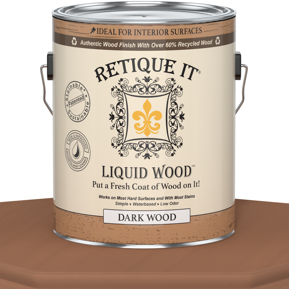 Dark Liquid Wood paint by Retique It® in 128oz size, shown in a dark stain finish for interior wood projects.