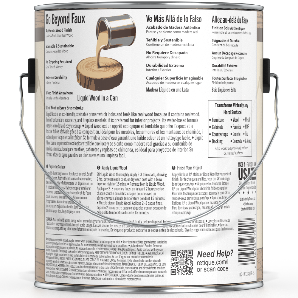 Retique It® Liquid Wood paint in Light interior finish, 128oz bottle, showcasing smooth application on wood surface.