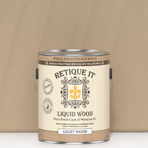 Retique It® Liquid Wood interior paint in 128oz light shade, showcasing a smooth application on wood surface.