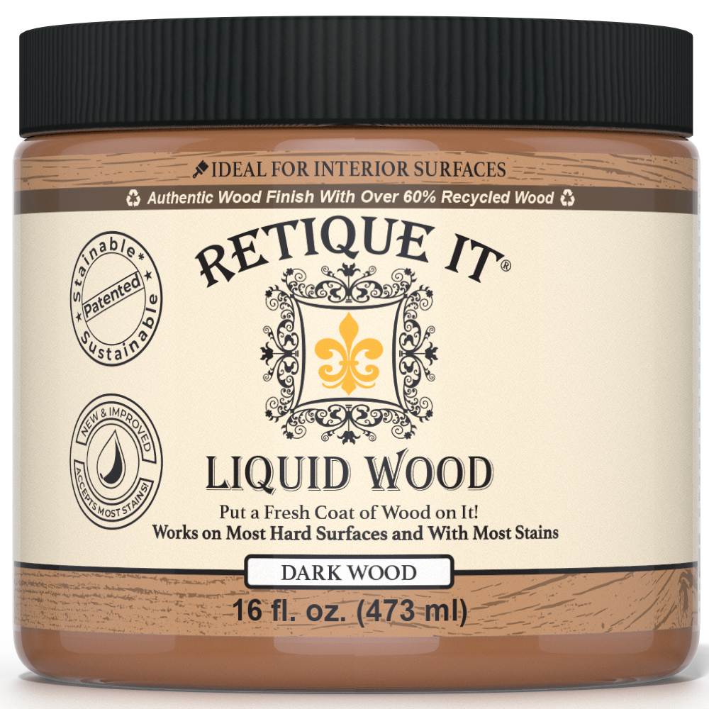 Dark liquid wood paint by Retique It® in a 16oz bottle, suitable for interior wood finishing and decorative projects.