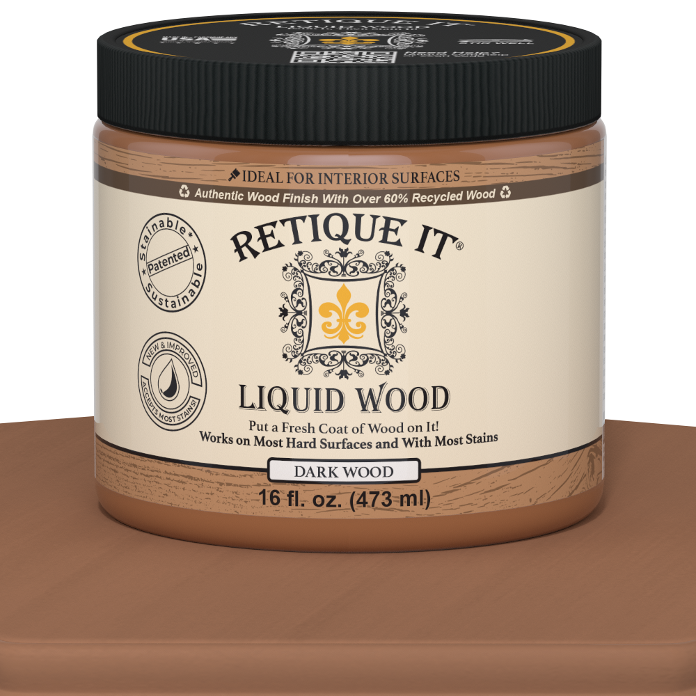 Dark liquid wood paint by Retique It® in 16oz bottle, suitable for interior wood finishing and furniture restoration.