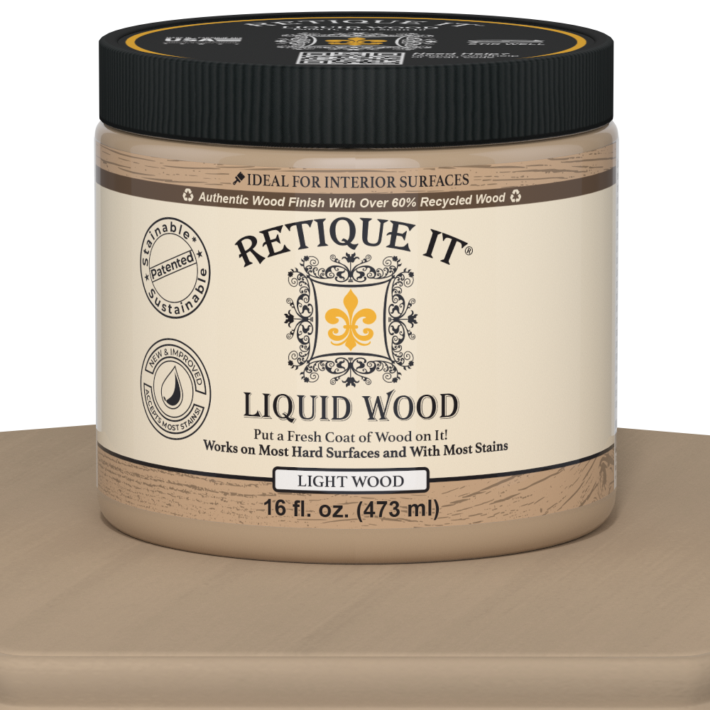Retique It Liquid Wood interior paint in 16oz light finish, showcasing the wood grain effect on a surface.