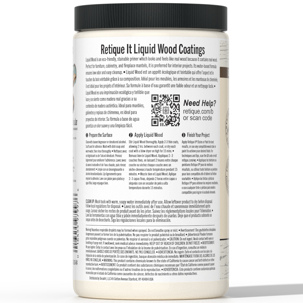 Liquid Wood 32oz Bleached interior paint by Retique It® shown in a clear container with a smooth, bleached wood finish.