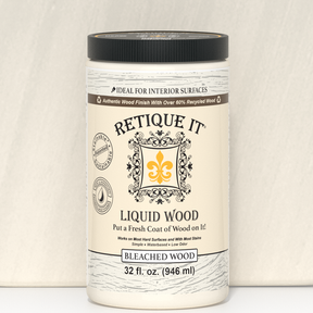 Retique It® Liquid Wood paint in 32oz bleached interior finish, showcasing a wood grain effect for furniture or wall decor.