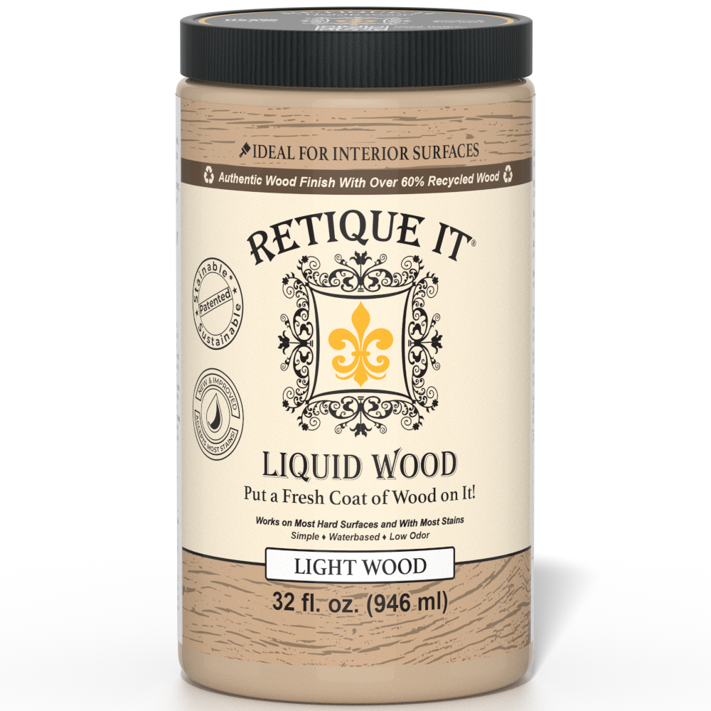 Retique It® Liquid Wood 32oz Light interior paint, showcasing a can of light-colored liquid wood paint for interior surfaces.
