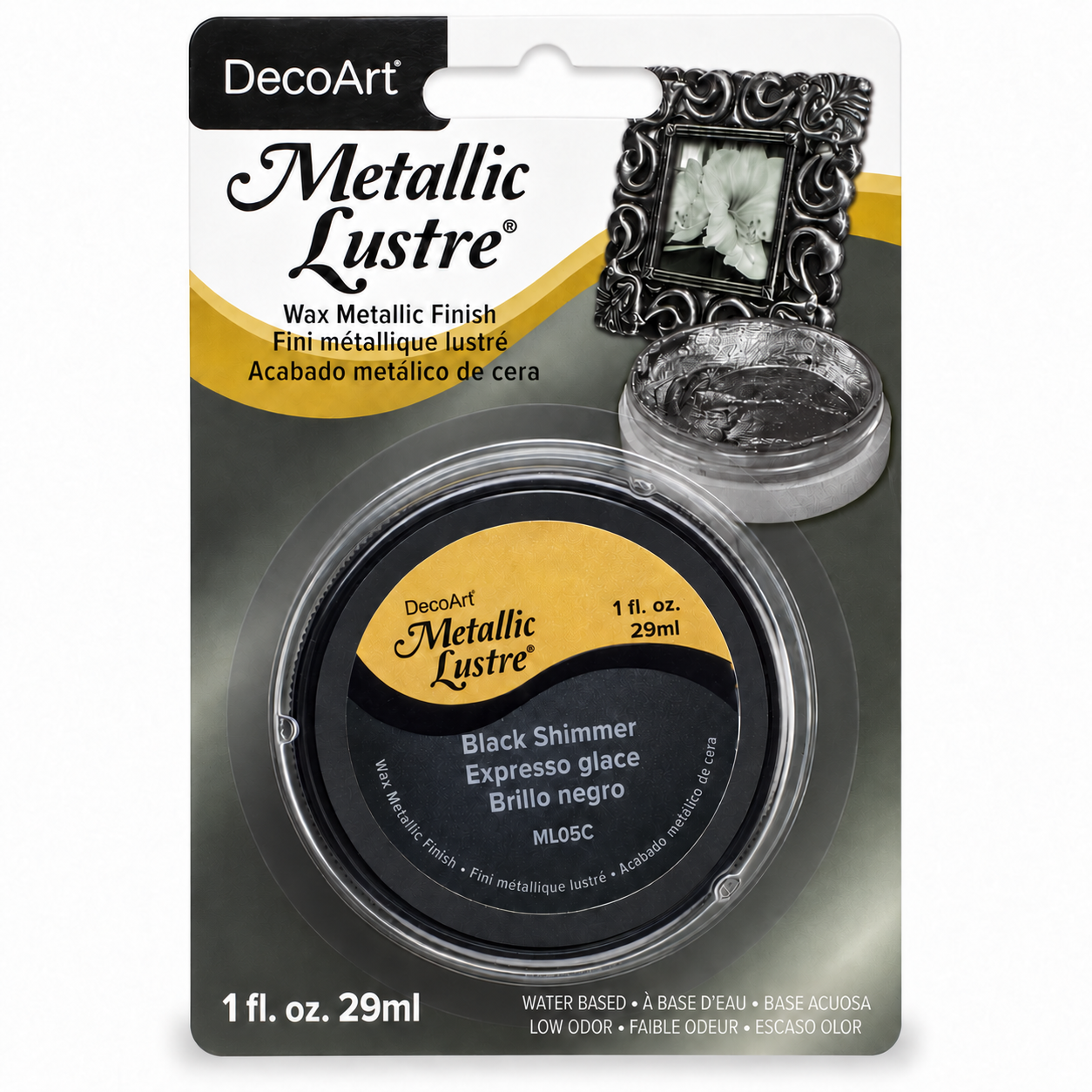 DecoArt Metallic Lustre Black Shimmer paint in a compact jar for adding a dark metallic finish to crafts
