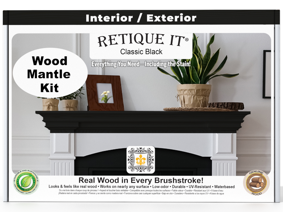 Retique It Wood Mantle Kit packaging with a fireplace and decorative items on a white background