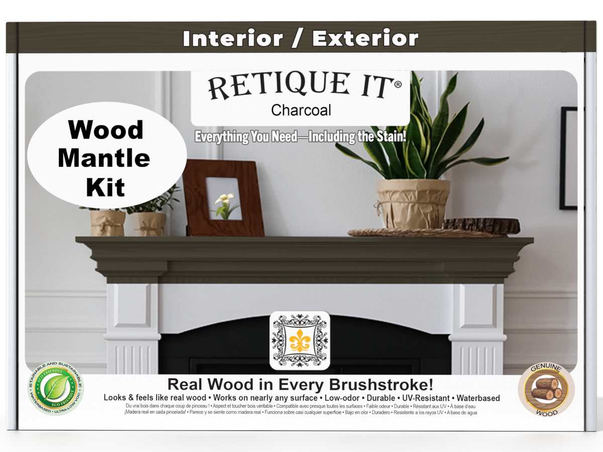 Retique It Wood Mantle Kit packaging with a fireplace and decorative items on a white background