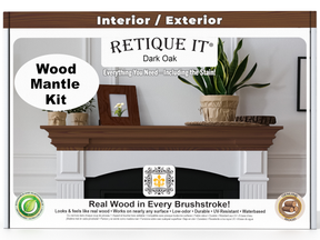 Retique It Wood Mantle Kit packaging with a wooden mantel and decorative items on a white wall.