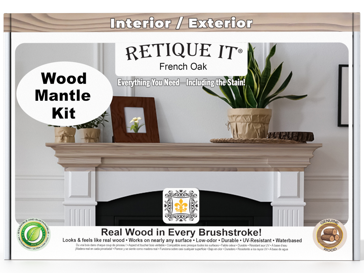 Retique It wood mantle kit packaging with a fireplace and decorative items.