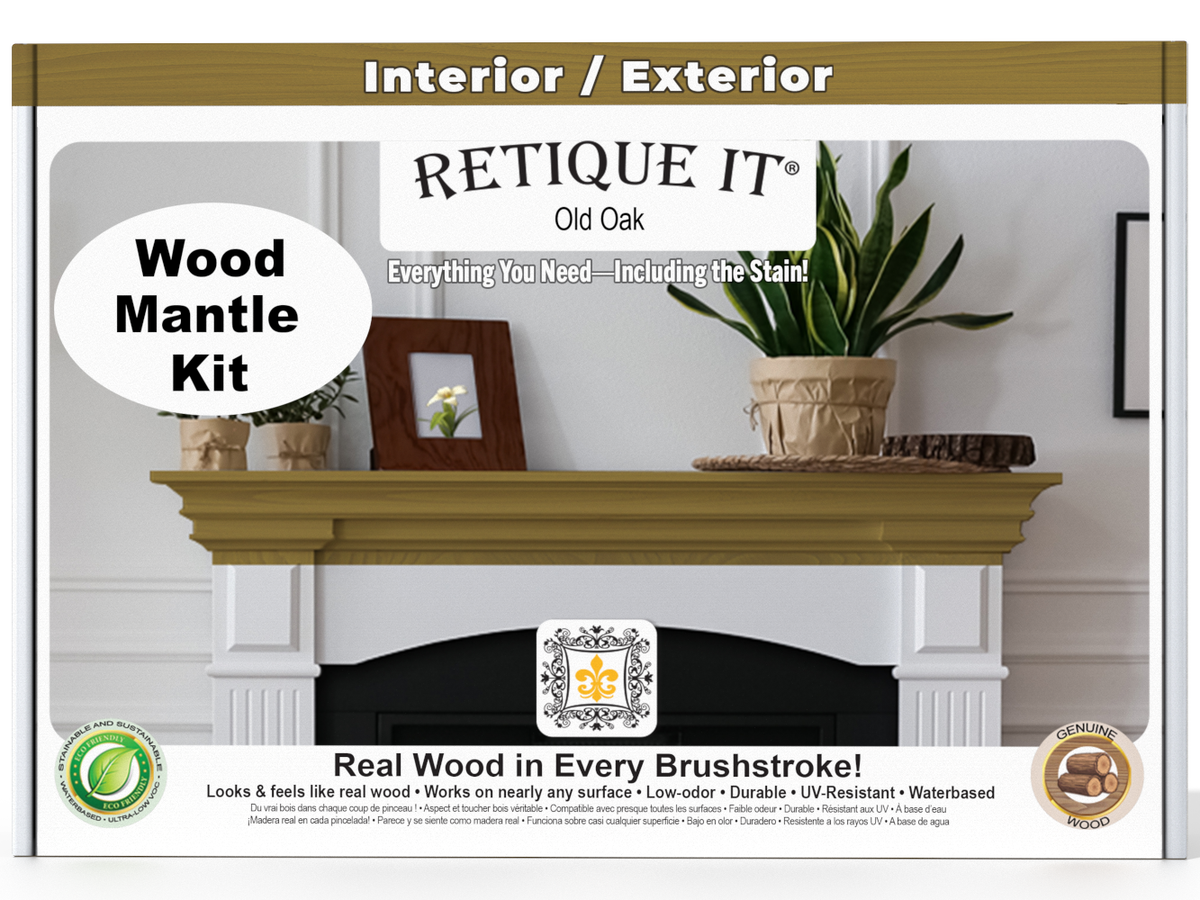 Retique It wood mantle kit packaging with a fireplace and decorative items on a white background