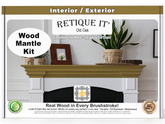 Retique It wood mantle kit packaging with a fireplace and decorative items on a white background
