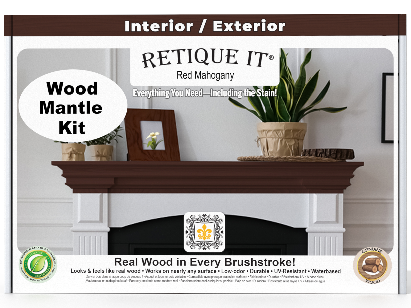Retique It Wood Mantle Kit packaging with a fireplace and decorative items.