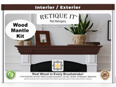 Retique It Wood Mantle Kit packaging with a fireplace and decorative items.