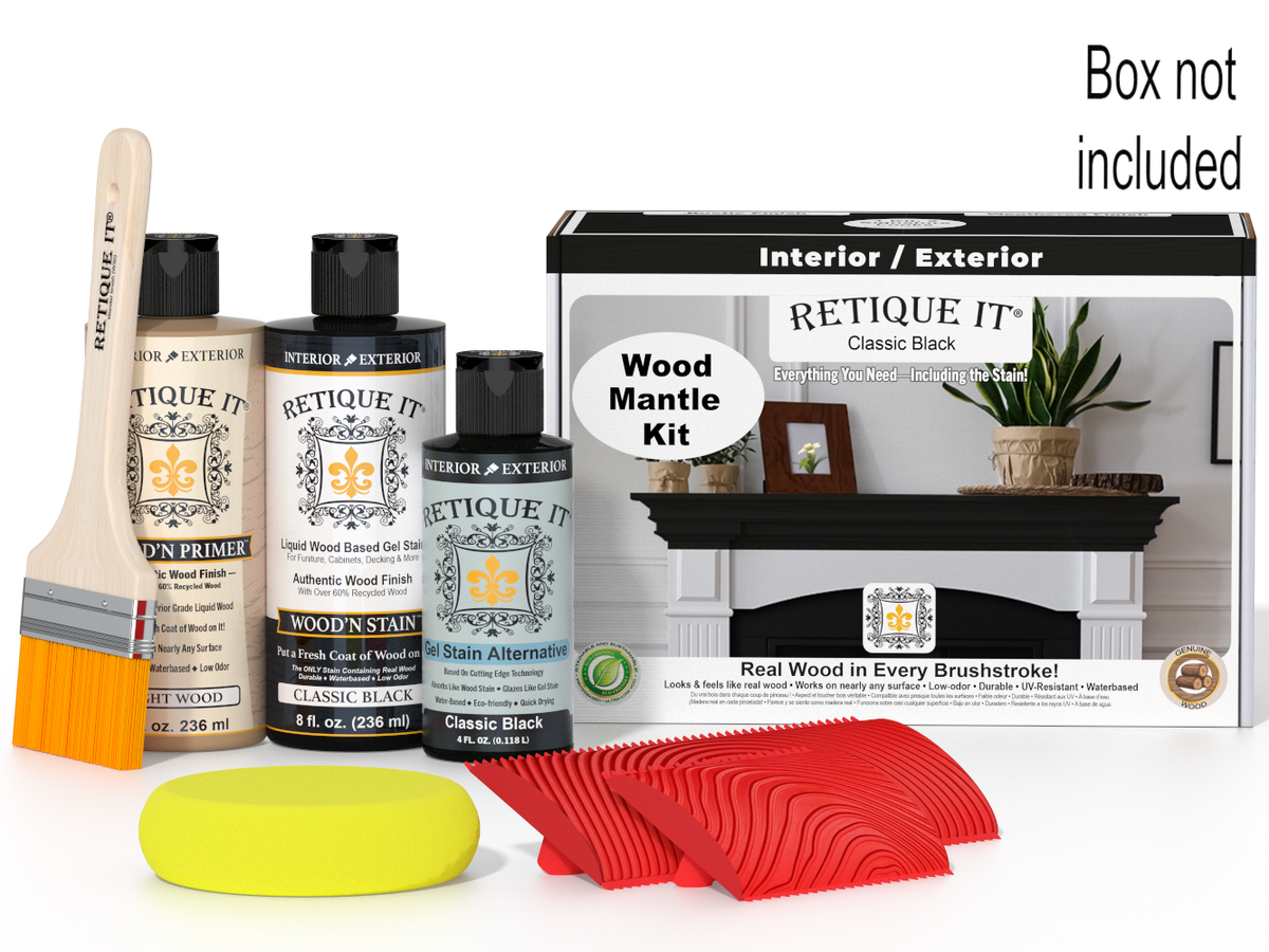Retique It wood stain kit with bottles, brush, and packaging on a white background