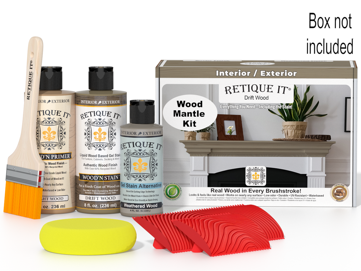 Wood stain kit with bottles, a brush, and a box labeled 'Retique It' on a white background.