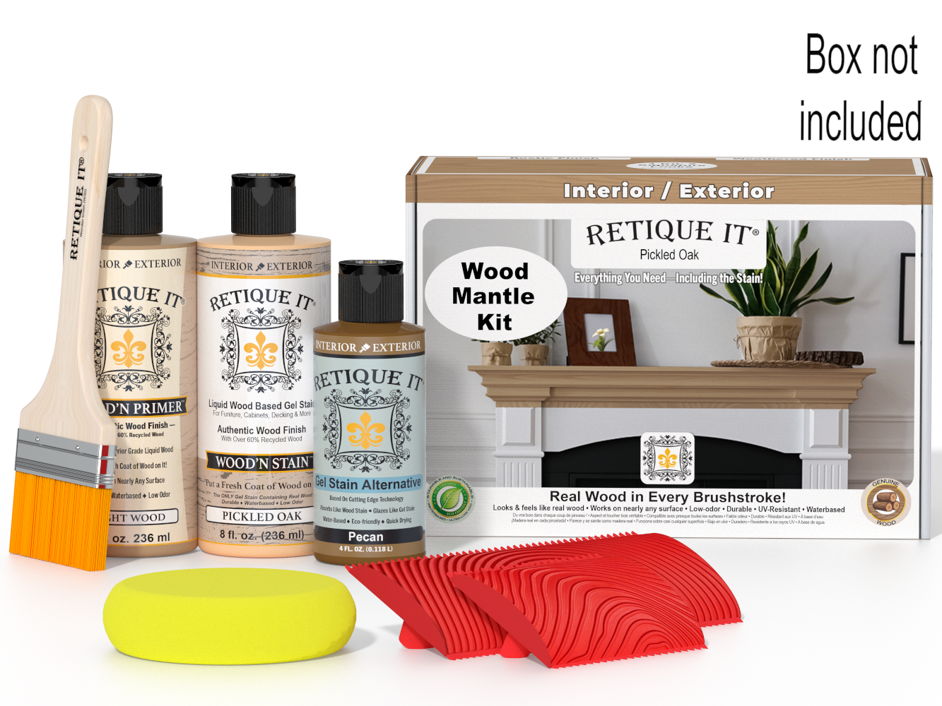 Wood stain kit with bottles, brush, and packaging on a white background