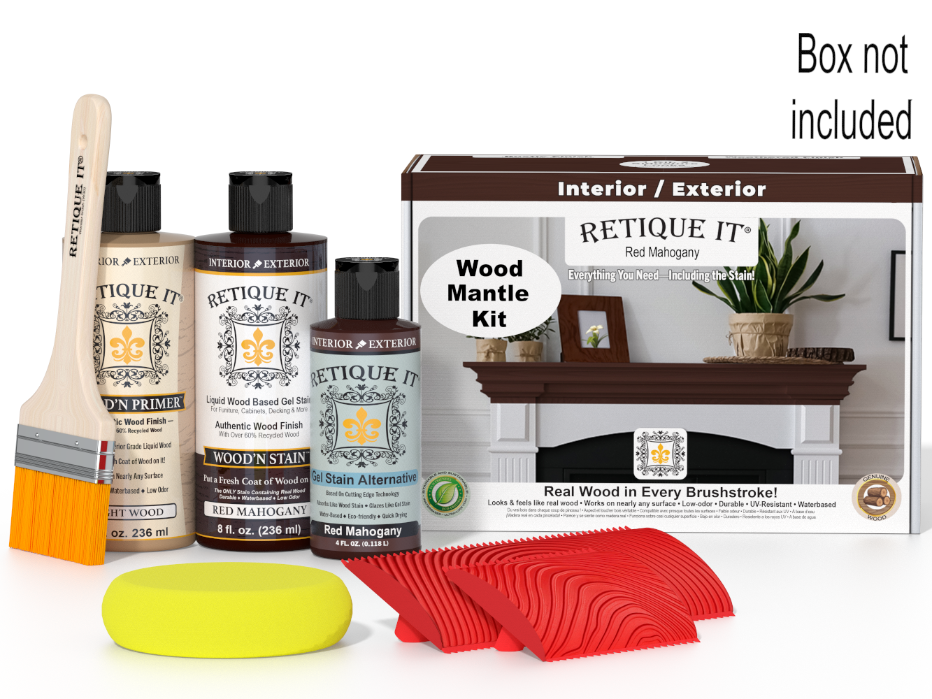 Wood stain kit with bottles, brush, and packaging on a white background