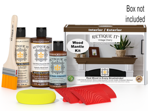 Retique It wood stain kit with bottles, brush, and packaging on a white background
