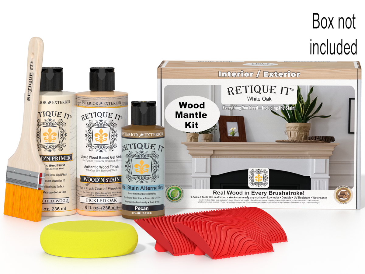 Wood stain kit with bottles, brush, and packaging on a white background