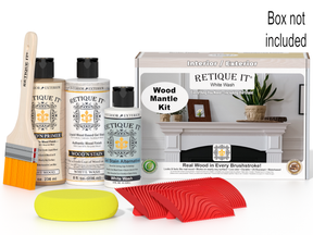 Wood stain kit with bottles, a brush, a sponge, and a box labeled 'Retique It' on a white background.