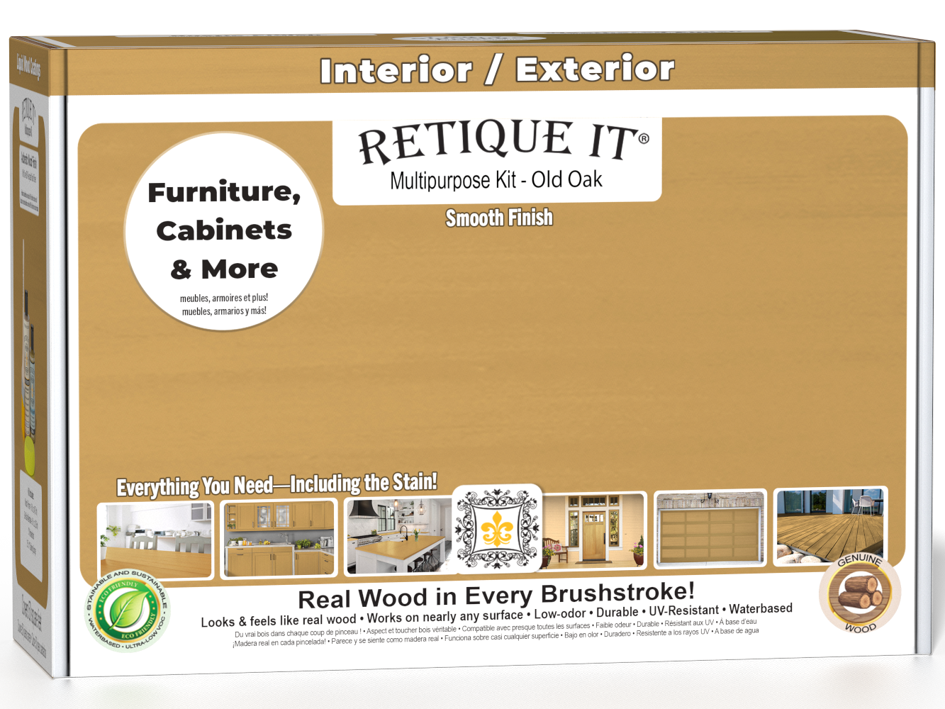 Retique It® Multi-purpose Smooth Finish Kit in Old Oak for interior wood top coat, includes application tools and finish components.