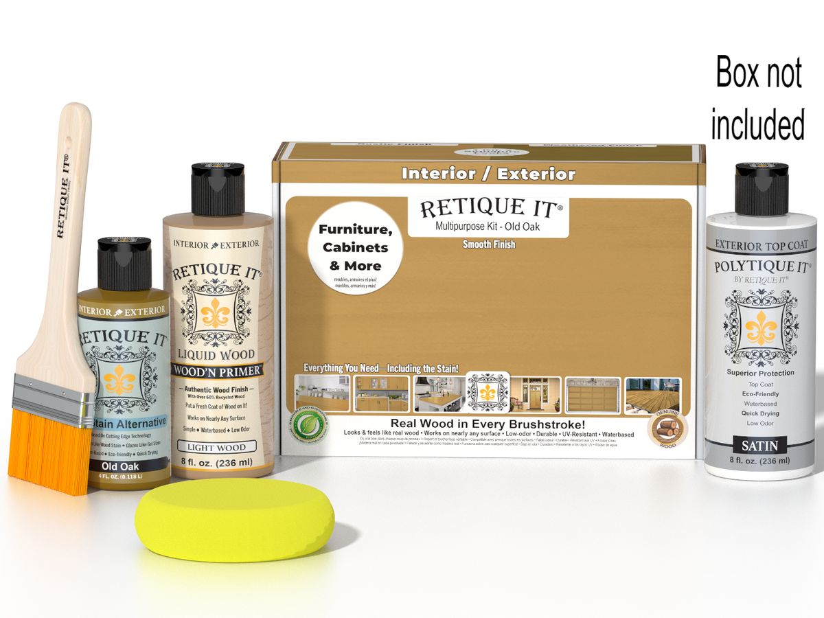 Retique It Multi-purpose Smooth Finish Kit in Old Oak for exterior wood top coat, satin finish with brushes and tools included.