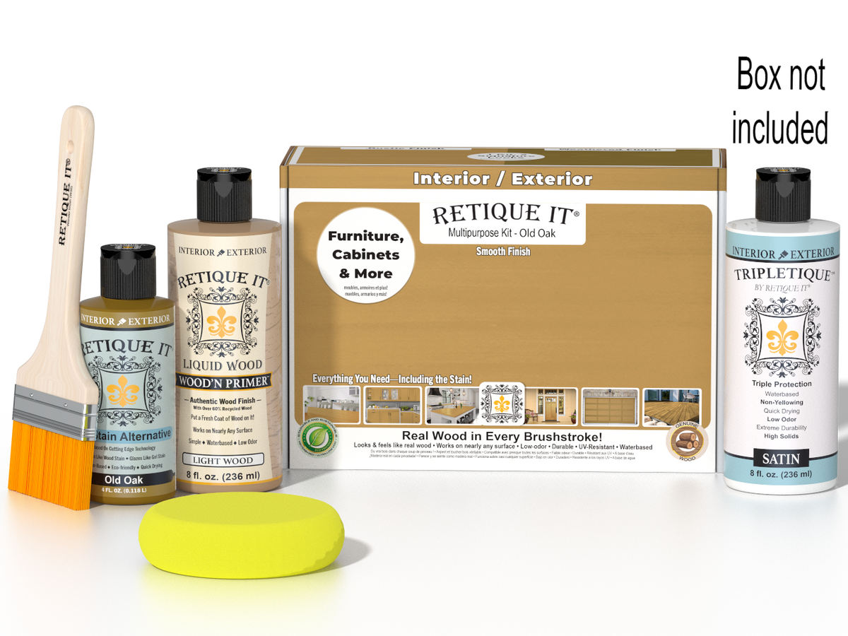 Retique It Multi-purpose Smooth Finish Kit in Old Oak, interior top coat with satin finish, includes wood finish components and instructions.