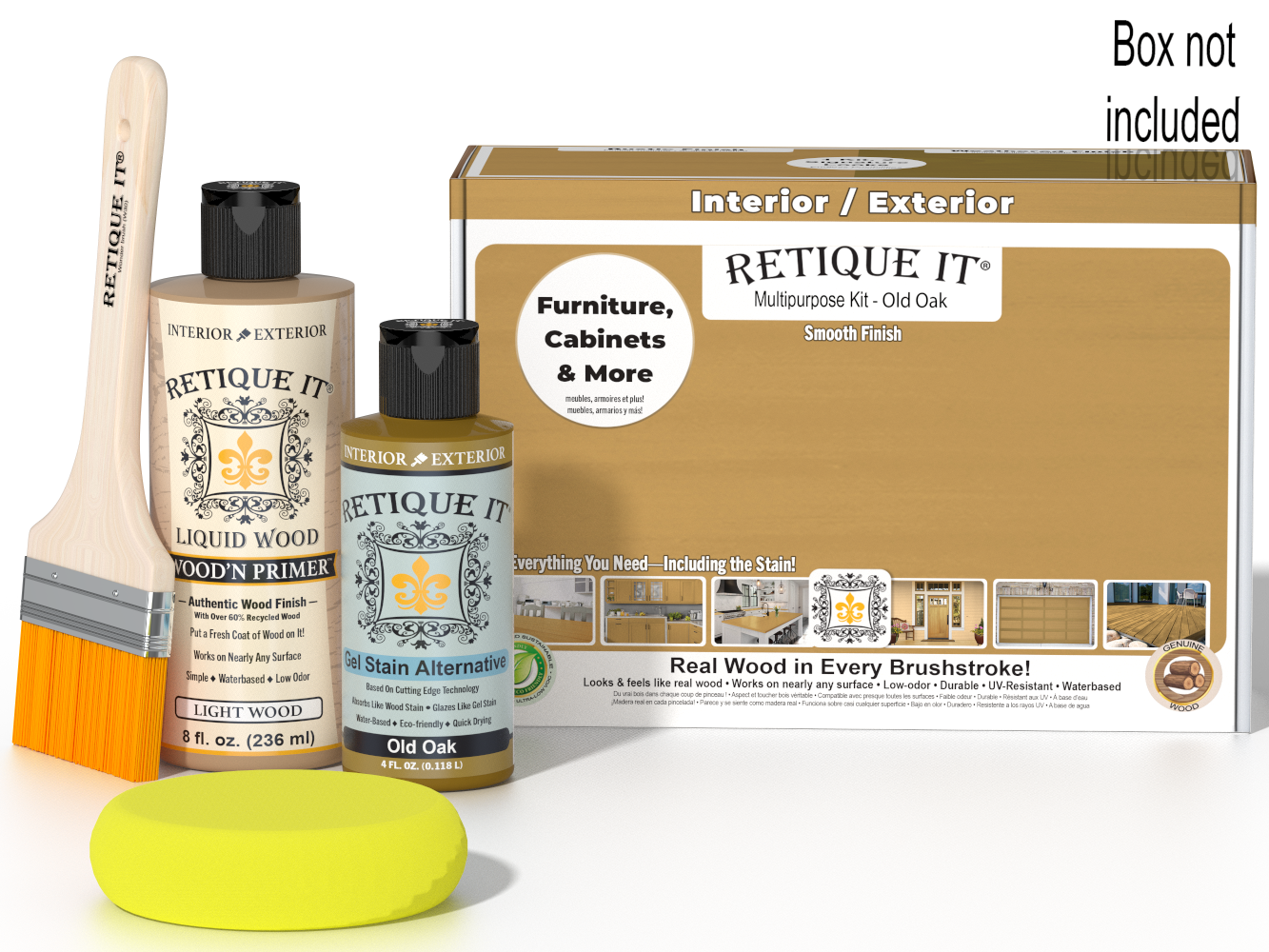 Retique It® Multi-purpose Smooth Finish Kit in Old Oak wood tone, featuring a wooden box and finishing tools for wood projects.