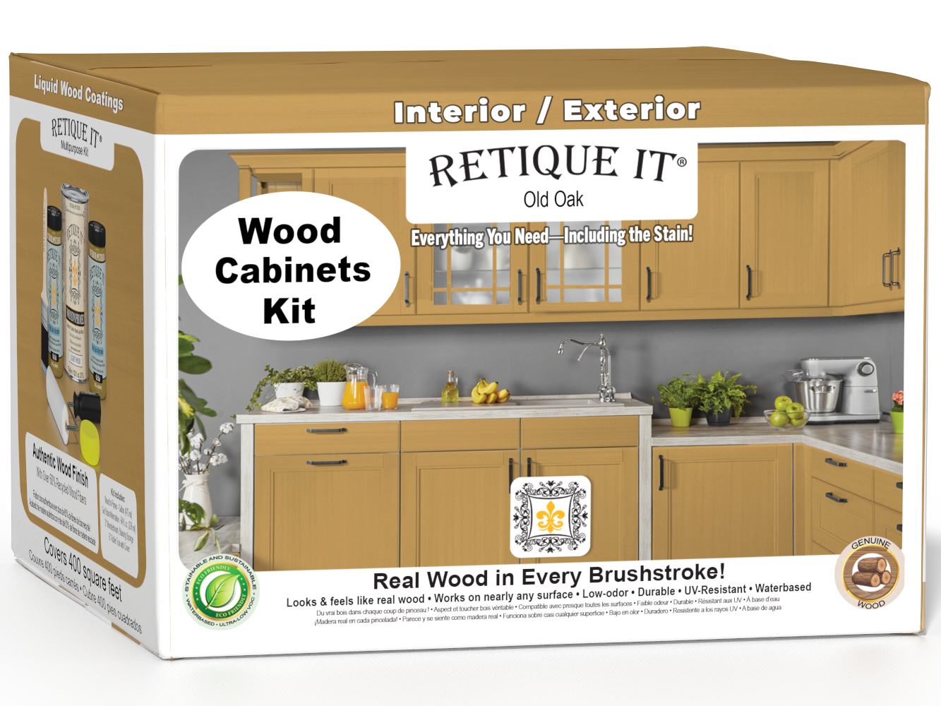 Retique It® Wood'n Cabinet Kit with 48 smooth Old Oak stained cabinet doors, shown in a 3D box view.