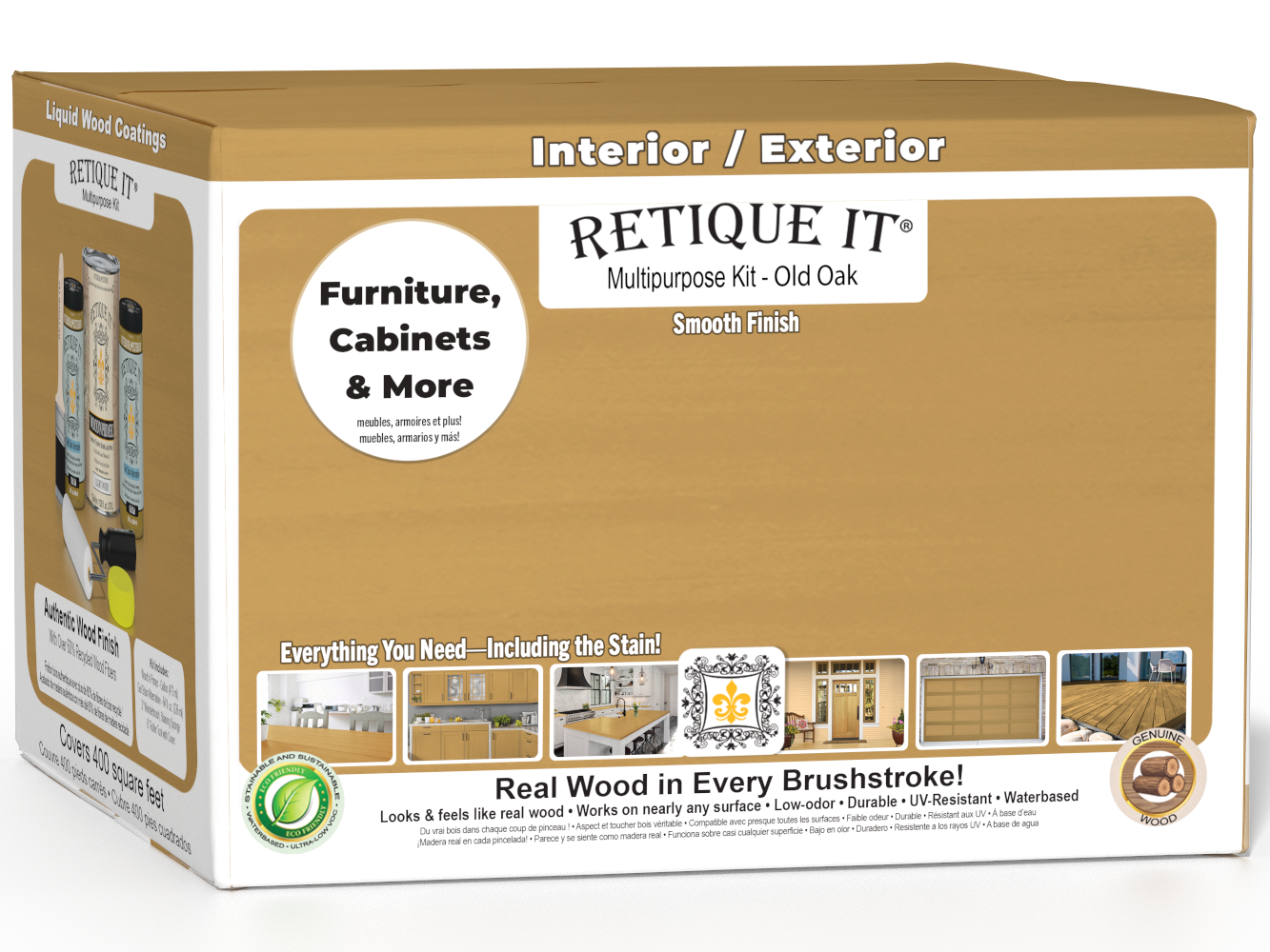 Retique It® Multi-purpose Smooth Finish Kit in Old Oak for exterior wood surfaces, includes four large top coat containers.