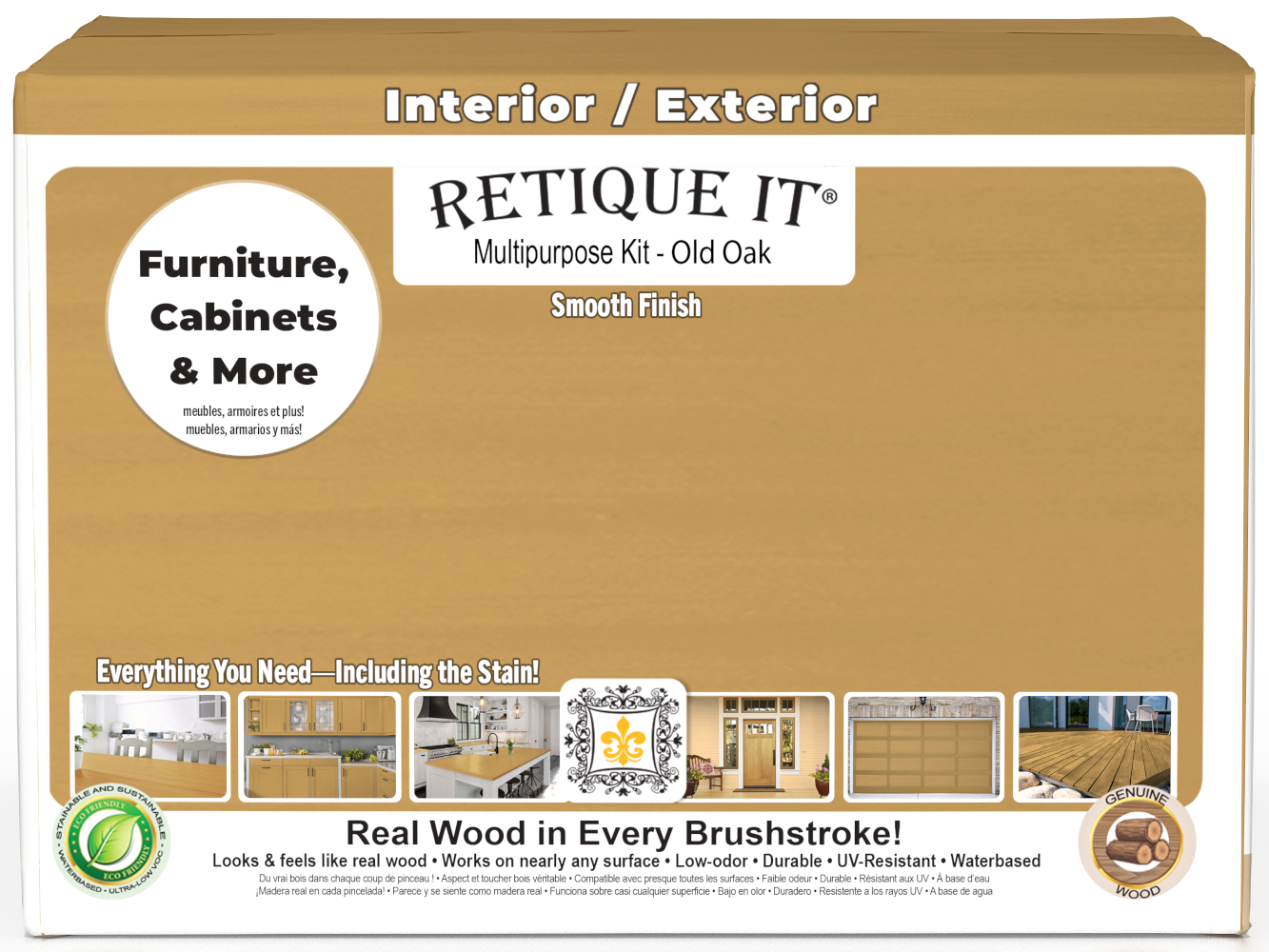 Retique It® wood finish kit with four large Old Oak exterior top coats in a smooth finish for wood projects.